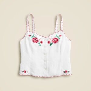 J. Crew NWT White Linen Tank with Pink and Red Floral Embroidery